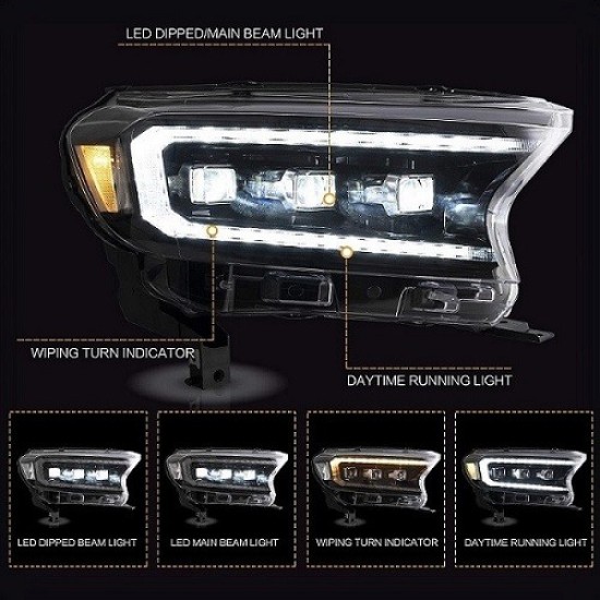 Μπροστινά Φανάρια Set Για Ford Ranger 15-20 DRL Dynamic Start Up Μαύρα Full Led Με Μοτέρ VLand