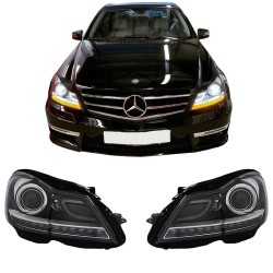 Μπροστινά Φανάρια Set Για Mercedes-Benz C-Class W204 11-14 DRL & Led Φλας Μαύρα H7 Με Μοτέρ Depo