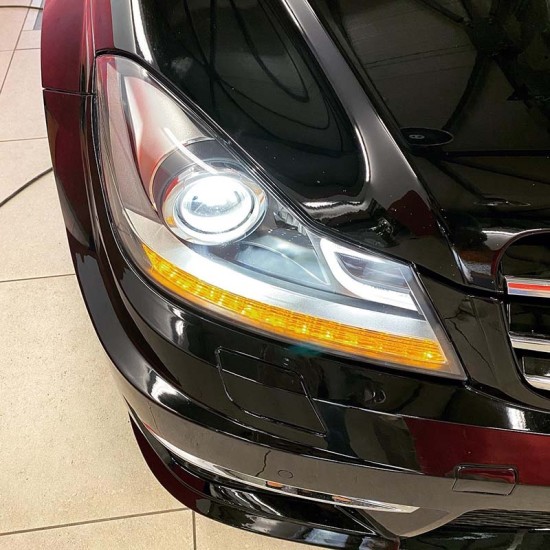Μπροστινά Φανάρια Set Για Mercedes-Benz C-Class W204 11-14 DRL & Led Φλας Μαύρα H7 Με Μοτέρ Depo