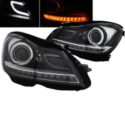 Μπροστινά Φανάρια Set Για Mercedes-Benz C-Class W204 11-14 DRL & Led Φλας Μαύρα H7 Με Μοτέρ Depo