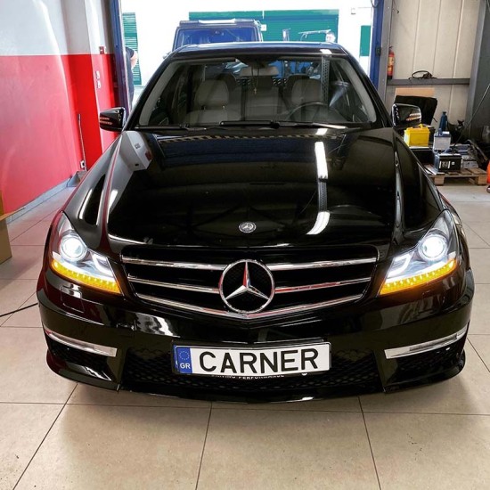 Μπροστινά Φανάρια Set Για Mercedes-Benz C-Class W204 11-14 DRL & Led Φλας Μαύρα H7 Με Μοτέρ Depo