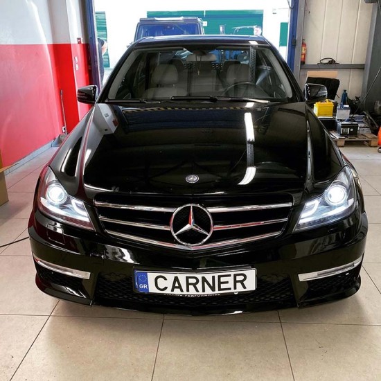 Μπροστινά Φανάρια Set Για Mercedes-Benz C-Class W204 11-14 DRL & Led Φλας Μαύρα H7 Με Μοτέρ Depo