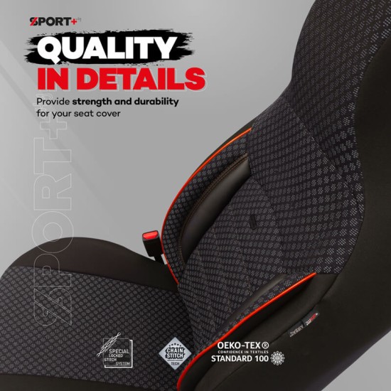 Καλύμματα Αυτοκινήτου Otom Sport Plus City Design Universal Βαμβακερό Ύφασμα / Rachel / Δερματίνη Σετ Εμπρός / Πίσω 11 Τεμαχίων  Με Ενσωματωμένα Προσκέφαλα Μαύρο Με Κόκκινο Κέντημα SPTPLS-102CTY