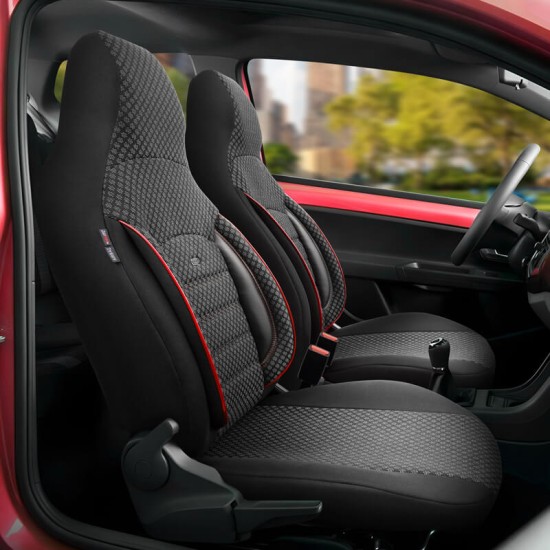 Καλύμματα Αυτοκινήτου Otom Sport Plus City Design Universal Βαμβακερό Ύφασμα / Rachel / Δερματίνη Σετ Εμπρός / Πίσω 11 Τεμαχίων  Με Ενσωματωμένα Προσκέφαλα Μαύρο Με Κόκκινο Κέντημα SPTPLS-102CTY