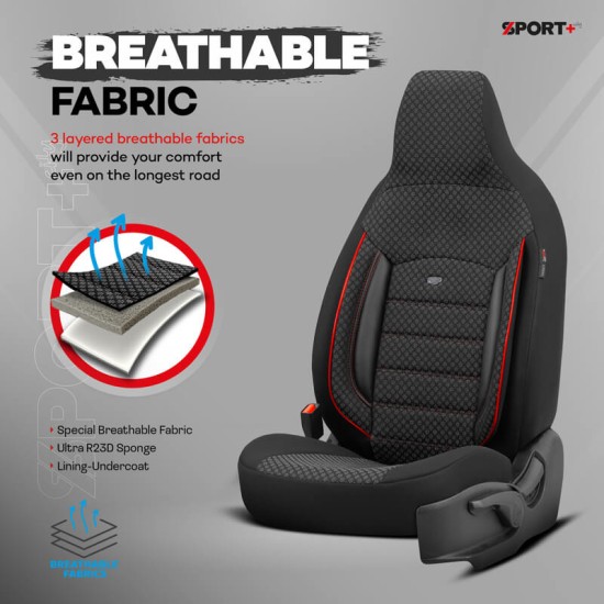 Καλύμματα Αυτοκινήτου Otom Sport Plus City Design Universal Βαμβακερό Ύφασμα / Rachel / Δερματίνη Σετ Εμπρός / Πίσω 11 Τεμαχίων  Με Ενσωματωμένα Προσκέφαλα Μαύρο Με Κόκκινο Κέντημα SPTPLS-102CTY