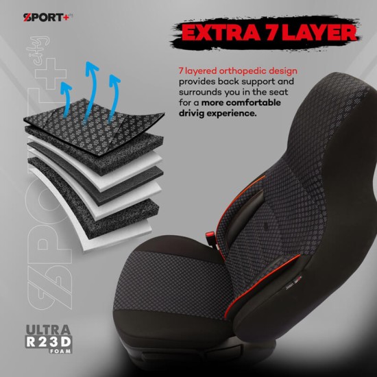 Καλύμματα Αυτοκινήτου Otom Sport Plus City Design Universal Βαμβακερό Ύφασμα / Rachel / Δερματίνη Σετ Εμπρός / Πίσω 11 Τεμαχίων  Με Ενσωματωμένα Προσκέφαλα Μαύρο Με Κόκκινο Κέντημα SPTPLS-102CTY