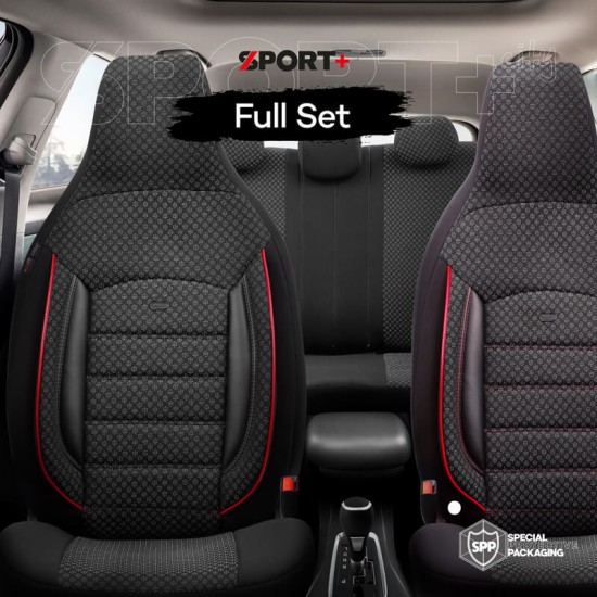 Καλύμματα Αυτοκινήτου Otom Sport Plus City Design Universal Βαμβακερό Ύφασμα / Rachel / Δερματίνη Σετ Εμπρός / Πίσω 11 Τεμαχίων  Με Ενσωματωμένα Προσκέφαλα Μαύρο Με Κόκκινο Κέντημα SPTPLS-102CTY