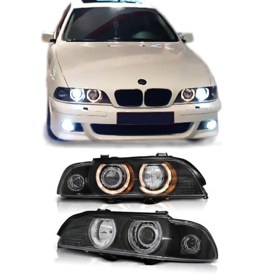 Μπροστινά Φανάρια Set Για Bmw 5 E39 95-03 Angel Eyes Μαύρα Για Original  Xenon D2S/H7 Με Μοτέρ Depo