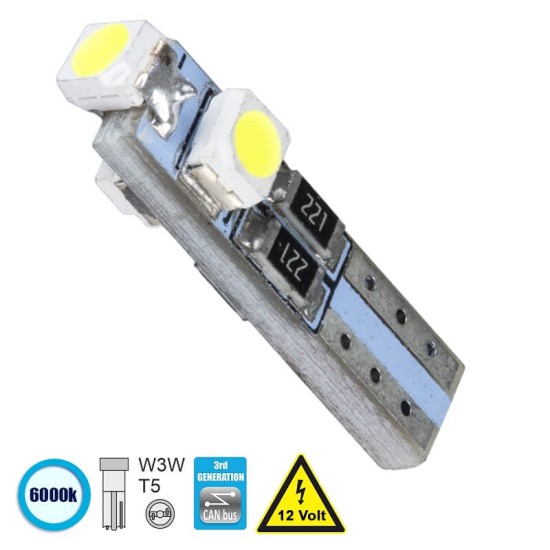 Λάμπα Led T5 3 Led 12volt 0.6watt Canbus Λευκή 1 Τεμάχιο