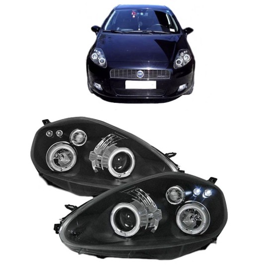 Μπροστινά Φανάρια Set Για Grande Punto 05-08 Angel Eyes & Led Μαύρα H1/H1 JunYan