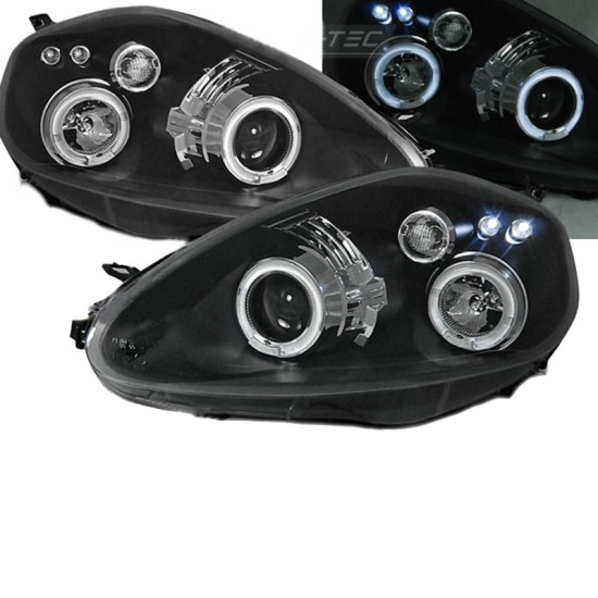 Μπροστινά Φανάρια Set Για Grande Punto 05-08 Angel Eyes & Led Μαύρα H1/H1 JunYan