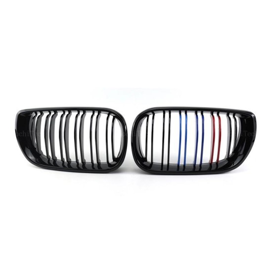Καρδιές Μάσκας Για Bmw 3 E46 02-05 Sedan/Touring M4 Look Με Διπλή Γρίλια Tri-Color Μαύρο Γυαλιστερό 2 Τεμάχια