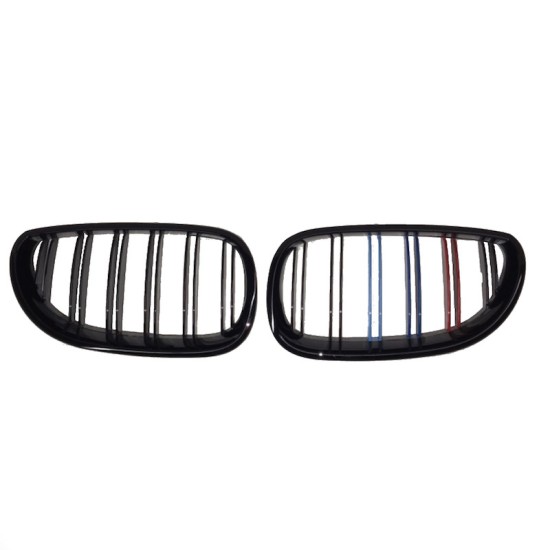 Καρδιές Μάσκας Για Bmw 5 E60 03-11 M4 Look Με Διπλή Γρίλια Tri-color / Μαύρο Γυαλιστερό 2 Τεμάχια