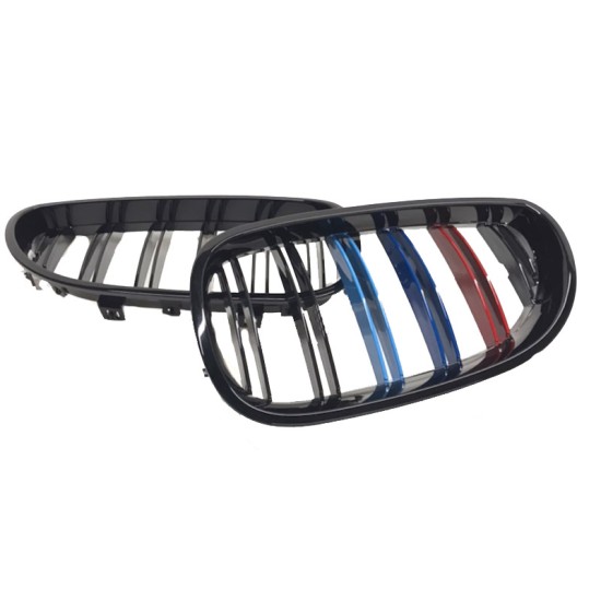 Καρδιές Μάσκας Για Bmw 5 E60 03-11 M4 Look Με Διπλή Γρίλια Tri-color / Μαύρο Γυαλιστερό 2 Τεμάχια