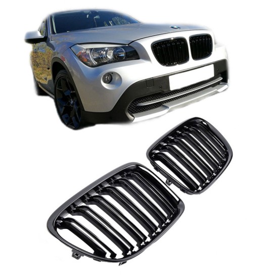 Καρδιές Μάσκας Για Bmw X1 E84 09-14 M4 Look Με Διπλή Γρίλια Μαύρο Γυαλιστερό 2 Τεμάχια