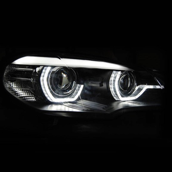 Μπροστινά Φανάρια Set Για Bmw X5 E70 07-10 3D LED Angel Eyes Μαύρα Xenon AFS D1S Με Μοτέρ Sonar