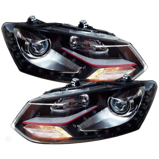 Μπροστινά Φανάρια Set Για Vw Polo 6R/ 6C 09-17 DRL GTI R-Look Μαύρα Με Κόκκινη Γραμμή H7/H7 Με Μοτέρ Carner