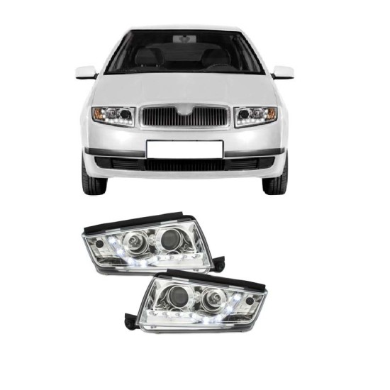 Μπροστινά Φανάρια Set Για Skoda Fabia 6Y 99-07 DRL Χρωμίου H1/H1 JunYan