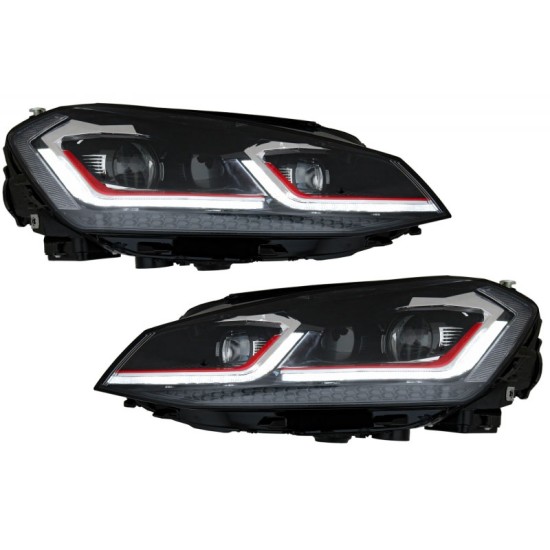 Μπροστινά Φανάρια Set Για Vw Golf VII (7) 12-17  Look 7.5 GTI Μαύρα/ Κόκκινη Γραμμή H7 Με Μοτέρ Carner