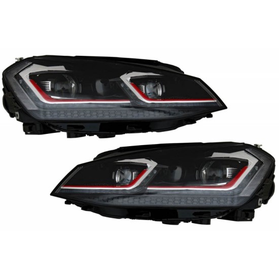 Μπροστινά Φανάρια Set Για Vw Golf VII (7) 12-17  Look 7.5 GTI Μαύρα/ Κόκκινη Γραμμή H7 Με Μοτέρ Carner