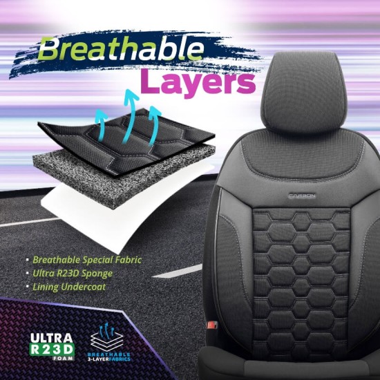 Καλύμματα Αυτοκινήτου Carbon Design Universal Jacquard / Rachel / Δερματίνη Σετ Εμπρός / Πίσω 11 Τεμαχίων Μαύρο - Γκρι CRB-3401