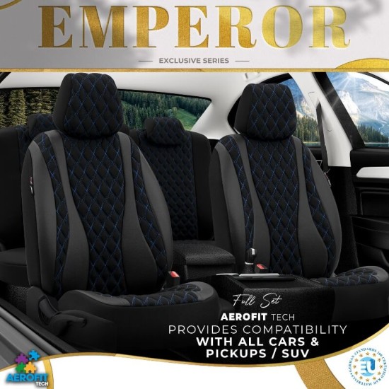 Καλύμματα Αυτοκινήτου Otom Emperor Design Universal Sued / Rachel / Δερματίνη Καπιτονέ Σετ Εμπρός / Πίσω 11 Τεμαχίων Μαύρο Με Μπλε Κέντημα EMP-603