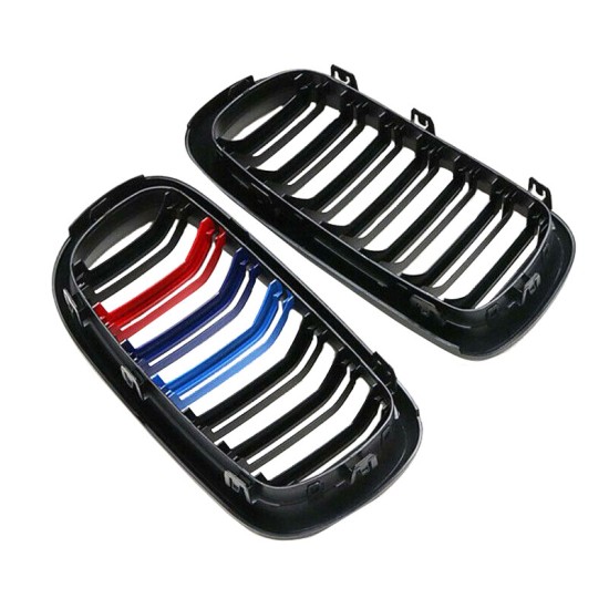 Καρδιές Μάσκας Για Bmw X5 F15 / X6 F16 13-18 M4 Look Με Διπλή Γρίλια Tri-Color Μαύρο Γυαλιστερό 2 Τεμάχια
