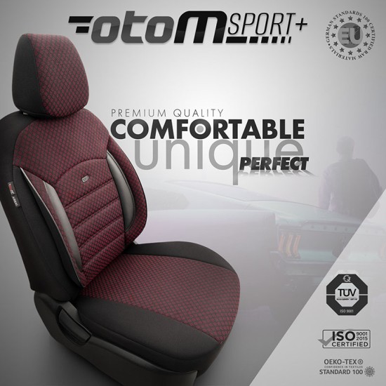 Καλύμματα Αυτοκινήτου Otom Sport Plus Design Universal Βαμβακερό Ύφασμα / Rachel / Δερματίνη Σετ Εμπρός / Πίσω 11 Τεμαχίων Μαύρο Με Μπορντό SPTPLS-103