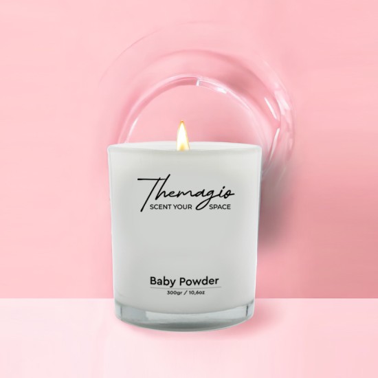 Αρωματικό Κερί Σόγιας Σε Λευκό Ποτήρι Με Μαύρο Μεταλλικό Καπάκι "Πούδρα Baby Powder" 300gr Themagio 77214