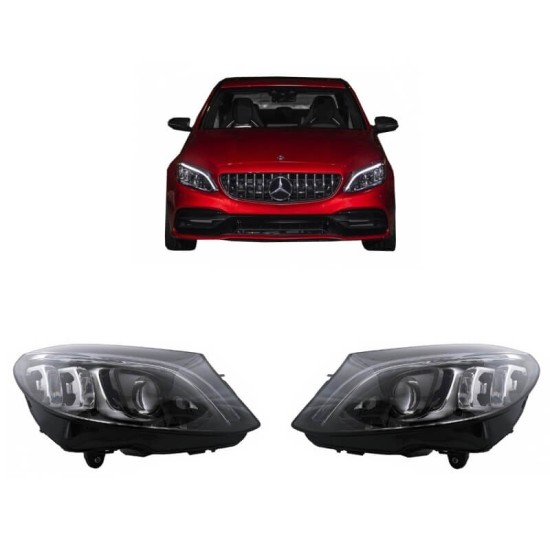 Μπροστινά Φανάρια Set Για Mercedes-Benz C-Class W205 14-18 Halogen Upgrade Σε Full Led DRL Μαύρα Με Μοτέρ Carner