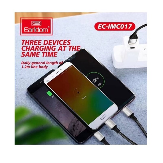 Καλώδιο Φόρτισης Και Μεταφοράς Δεδομένων USB Earldom EC-IMC017 3 In 1 Carbon 1.2m 1 Τεμάχιο