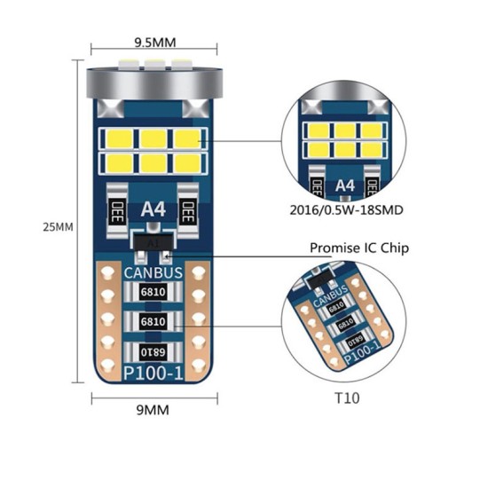 Λάμπες Led T10 12volt 18 Led Canbus White Color Auto GS 100388 2 Τεμάχια