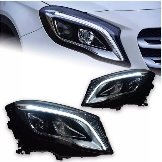 Μπροστινά Φανάρια Set Για Mercedes-Benz GLA X156 14-17 Upgrade Σε Facelift Look Μαύρα Full Led DRL Με Μοτέρ Carner