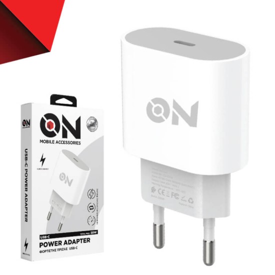 Φορτιστής Πρίζας USB-C 20W Λευκός ON Mobile Accessories 1 Τεμάχιο