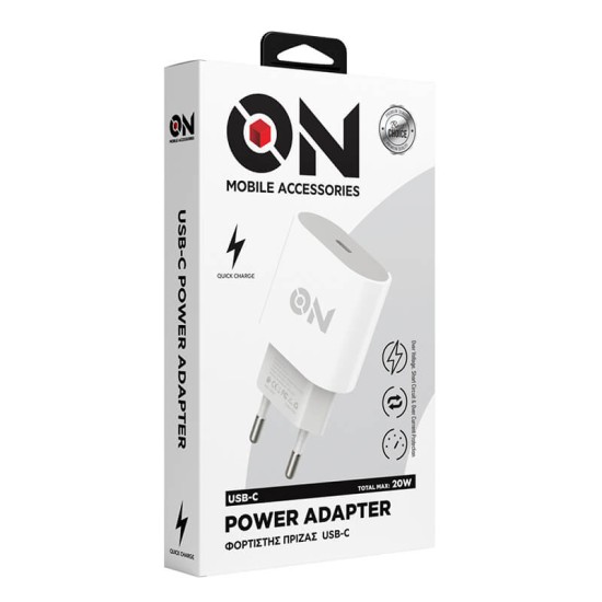 Φορτιστής Πρίζας USB-C 20W Λευκός ON Mobile Accessories 1 Τεμάχιο