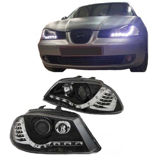 Μπροστινά Φανάρια Set Για Seat Ibiza 6L 02-08 DRL & Led Φλας Μαύρα H1/H1 Junyan