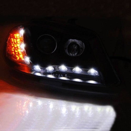 Μπροστινά Φανάρια Set Για Seat Ibiza 6L 02-08 DRL & Led Φλας Μαύρα H1/H1 Junyan