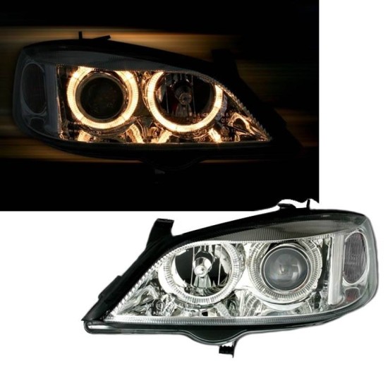 Μπροστινά Φανάρια Set Για Opel Astra G 97-04 Angel Eyes Χρωμίου H7/H7 Depo