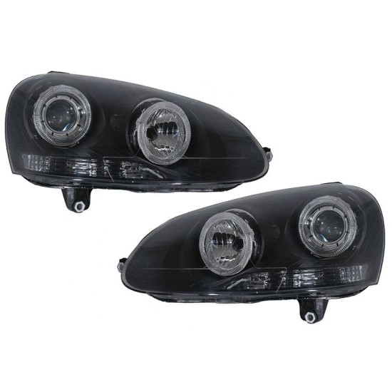 Μπροστινά Φανάρια Set Για Vw Golf 5 03-08 Angel Eyes Μαύρα H7/H7 Με Μοτέρ Depo