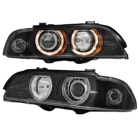 Μπροστινά Φανάρια Set Για Bmw 5 E39 95-03 Angel Eyes Μαύρα H7/H7 Με Μοτέρ Depo