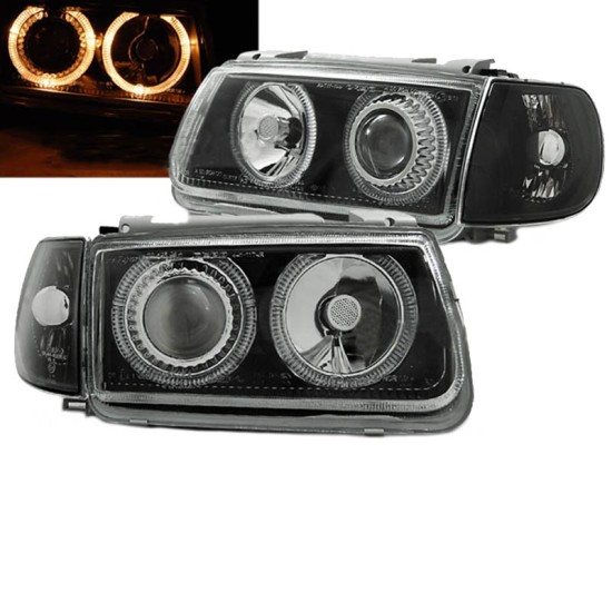 Μπροστινά Φανάρια Set Για Vw Polo 6N 94-99 Angel Eyes Μαύρα H7/H7 Με Μοτέρ Depo
