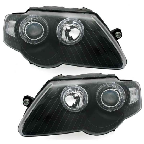 Μπροστινά Φανάρια Set Για Vw Passat B6 3C 05-10 Angel Eyes Μαύρα H7/H7 Με Μοτέρ Depo
