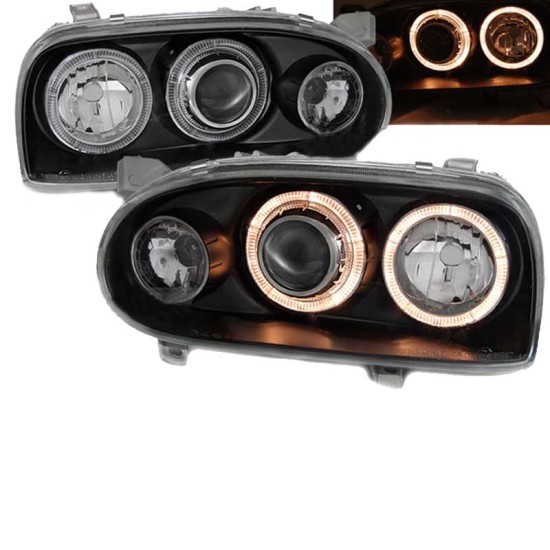 Μπροστινά Φανάρια Set Για Vw Golf 3 92-98 Angel Eyes Μαύρα H7/H7 Depo