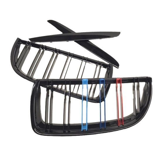 Καρδιές Μάσκας Για  Bmw 3 E90 /E91 05-08 M4 Look Με Διπλή Γρίλια Tri-color / Μαύρο Γυαλιστερό 4 Τεμάχια