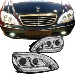 Μπροστινά Φανάρια Set Για Mercedes-Benz S-Class W220 98-05 DRL & Led Φλας Χρωμίου H7/H1 Manual JunYan Μπροστινά Φανάρια Set Για Mercedes-Benz S-Class W220 98-05 DRL & Led Φλας Χρωμίου H7/H1 Manual JunYan