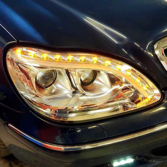 Μπροστινά Φανάρια Set Για Mercedes-Benz S-Class W220 98-05 DRL & Led Φλας Χρωμίου H7/H1 Manual JunYan