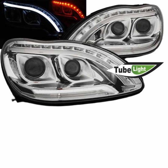 Μπροστινά Φανάρια Set Για Mercedes-Benz S-Class W220 98-05 DRL & Led Φλας Χρωμίου H7/H1 Manual JunYan