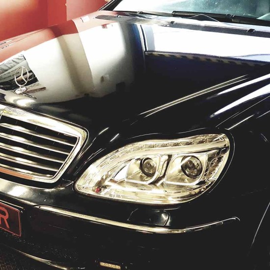 Μπροστινά Φανάρια Set Για Mercedes-Benz S-Class W220 98-05 DRL & Led Φλας Χρωμίου H7/H1 Manual JunYan