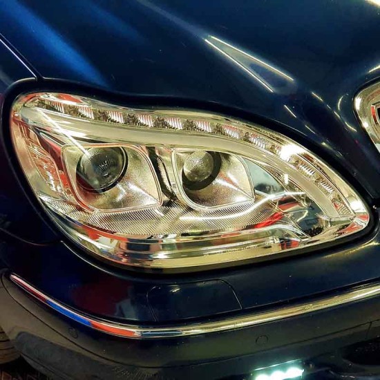 Μπροστινά Φανάρια Set Για Mercedes-Benz S-Class W220 98-05 DRL & Led Φλας Χρωμίου H7/H1 Manual JunYan