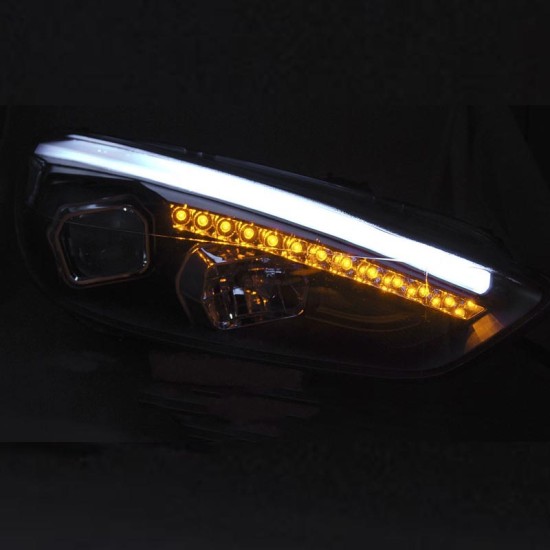 Μπροστινά Φανάρια Set Για Ford Focus 15-18 TRU DRL Tube Lights & Led Φλας Μαύρα H9/H1 Με Μοτέρ JunYan